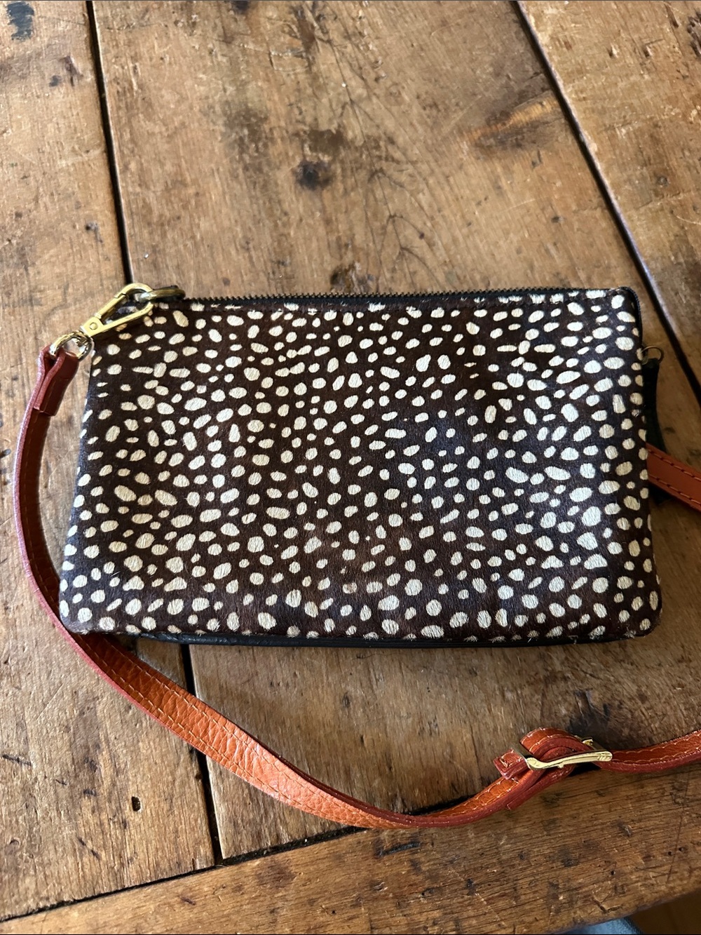BEAR Design, White Polka Dot Fur & Black Leather Crossbody & Rust Strap